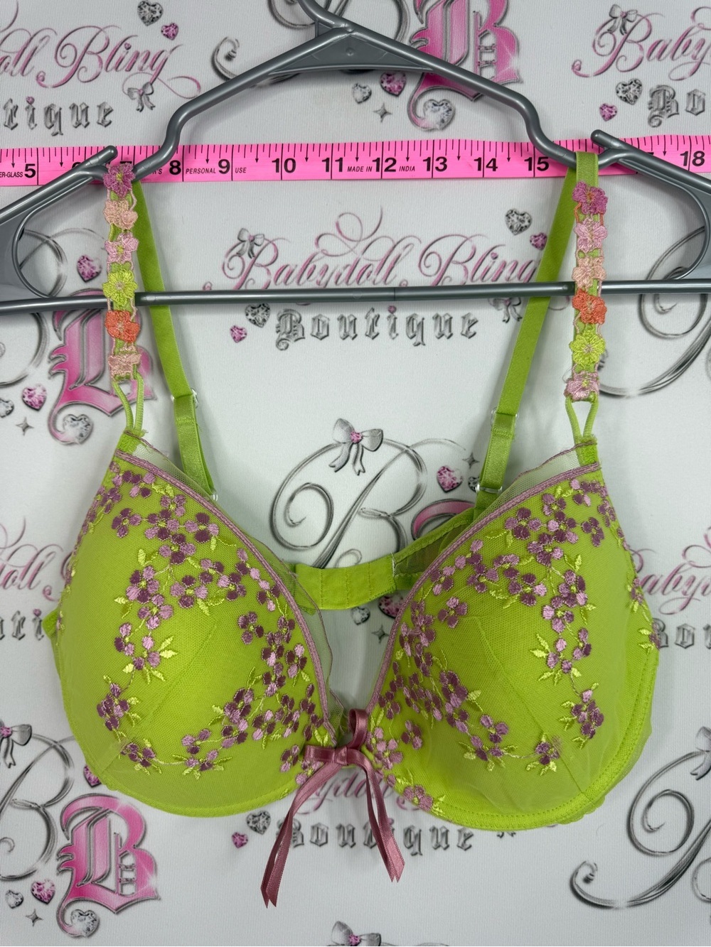 Bra embroidery flowers bow ribbon Lime Green Floral Embroidered Bra